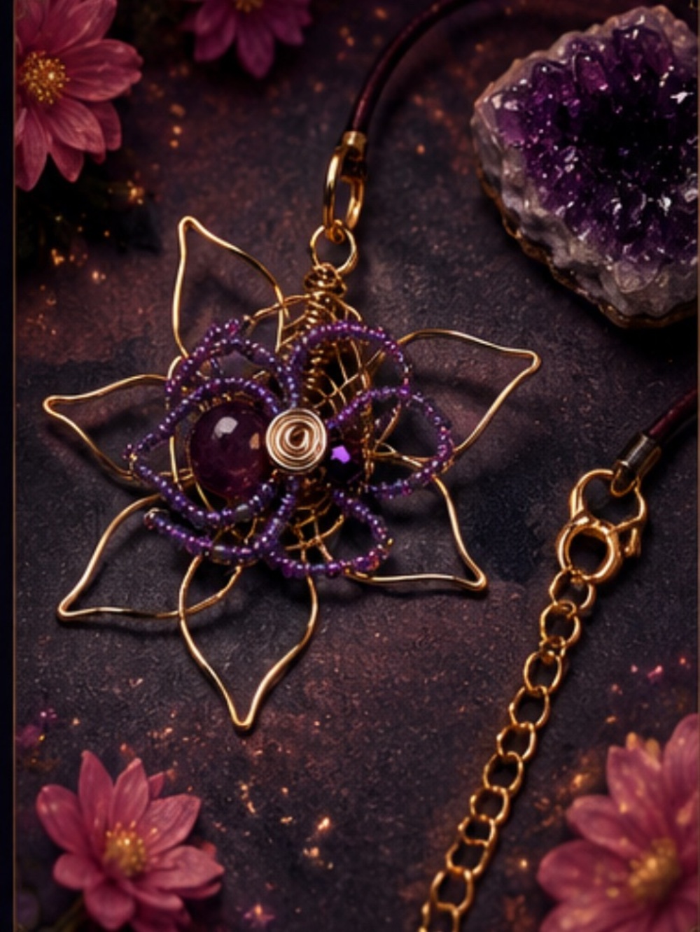 Artisan Designed Purple Agate Beaded Spider Pendant Leather choker
